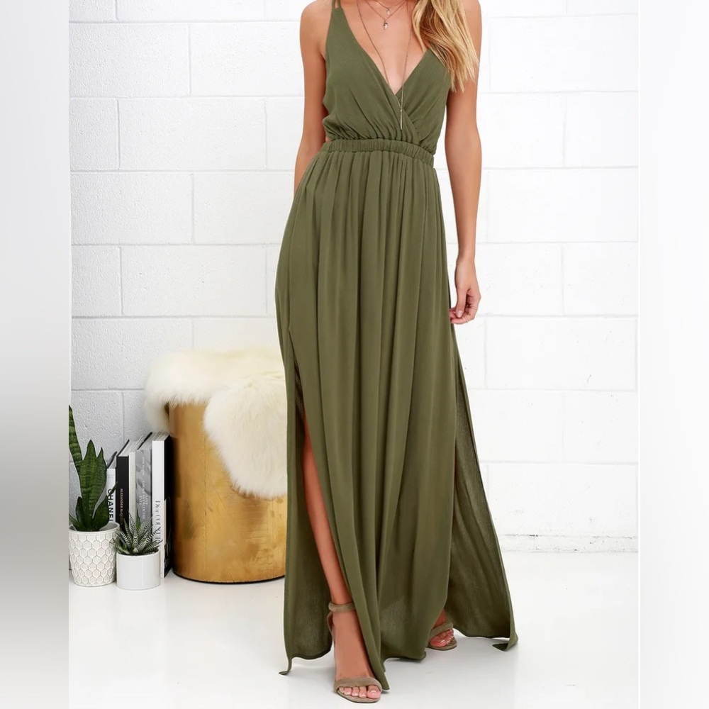 NWT Lulus Lost in Paradise Olive Green Maxi Dress
